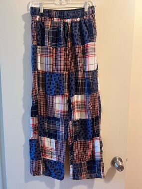 aerie Plaid Patchwork Wide-Leg Lounge Pants in Navy, Red, White